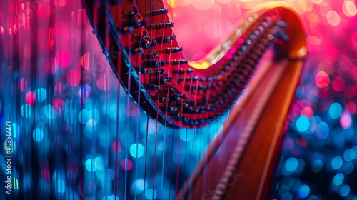 Neon Glow: Intimate Harp Detail in Symphony Orchestra photo
