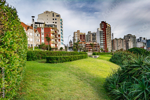 edificios sobresaliendo de parque verde y natural en medio de la ciudad. Mar del Plata, Buenos Aires, Argentina