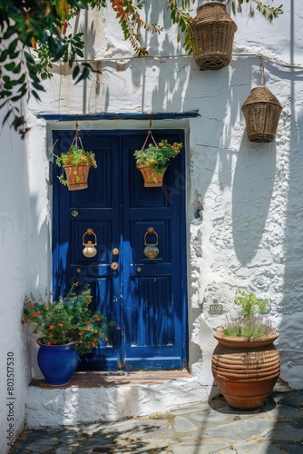 Elegant Navy Door with Hanging Baskets on a Plastered Wall. Mexican Architecture © Khalif