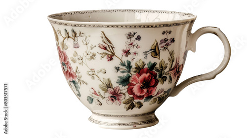 A porcelain teacup with floral patterns on a transparent background. PNG format, This PNG file, with an isolated cutout object on a transparent background. 