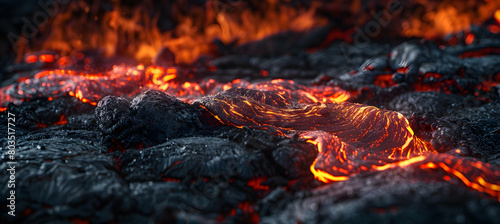 Close-up of molten lava flowing from an active volcano, showcasing the glowing red and orange textures against a dark rocky surface