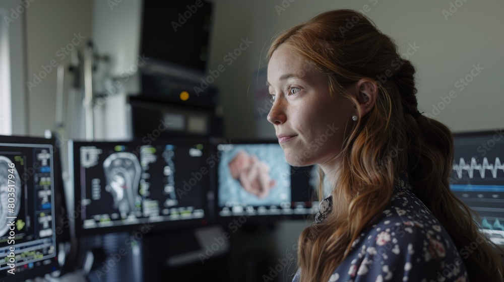 A focused image of a Caucasian woman undergoing a 3D ultrasound, the screen showing a clear image of the baby, in a high-tech medical office A focused image of a Caucasian woman undergoing a 3D ultrasound, the screen showing a clear image of the baby, in a high-tech medical office