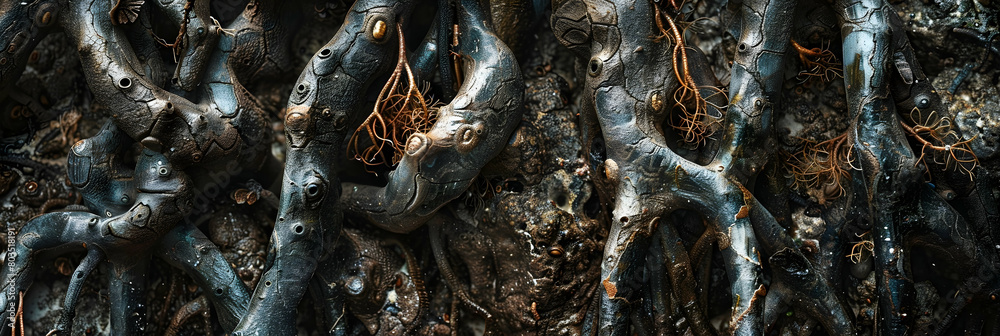 Close-up of the intricate root system of mangrove trees, with details of the textured bark and small crustaceans clinging to the roots, all illuminated by soft natural light Close-up of the intricate root system of mangrove trees, with details of the textured bark and small crustaceans clinging to the roots, all illuminated by soft natural light
