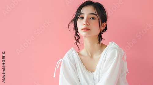 ピンクの背景に白い服を着て見つめる日本人女性