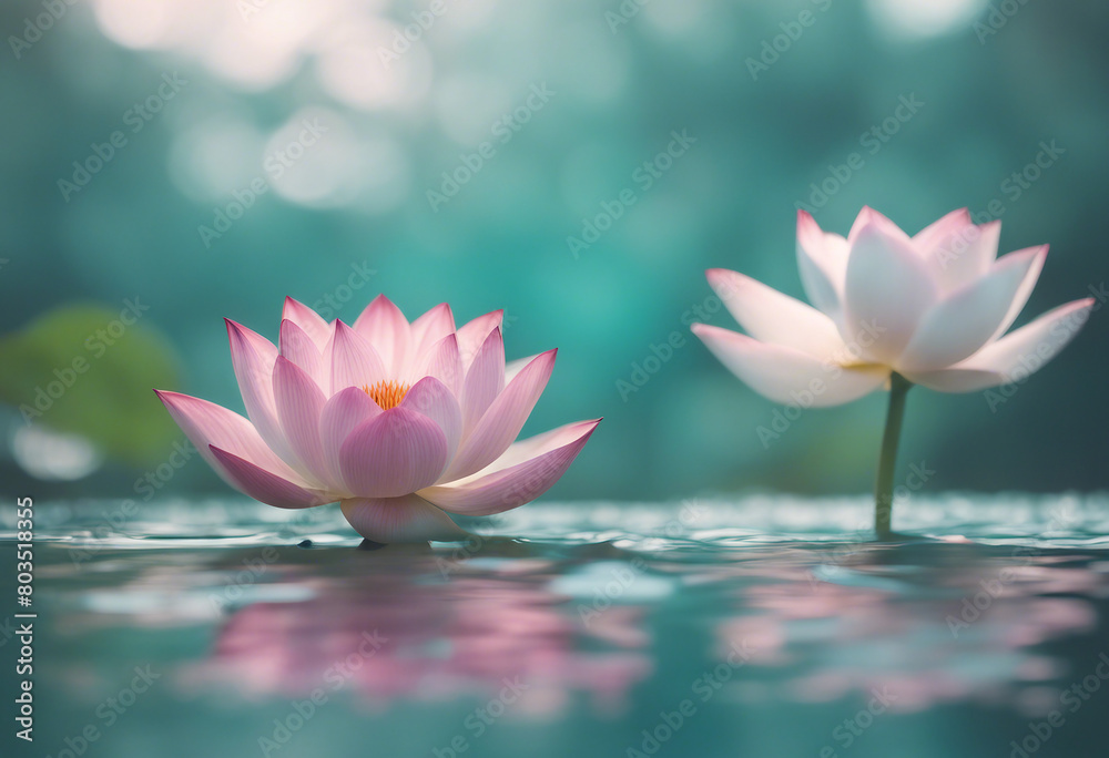 Paint a serene picture of a spiritual moment where a pink and white lotus gracefully rises from calm water
