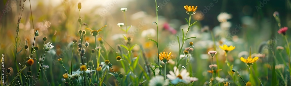 Close-up of wildflowers swaying in a gentle breeze in the midst of a lush grassland, with soft focus background highlighting the variety of colors
