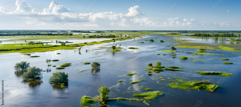 Dynamic aerial shot of a delta during the flooding season, showcasing the expansive water coverage and isolated patches of land Dynamic aerial shot of a delta during the flooding season, showcasing the expansive water coverage and isolated patches of land