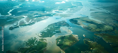Dynamic aerial shot of a delta during the flooding season, showcasing the expansive water coverage and isolated patches of land
