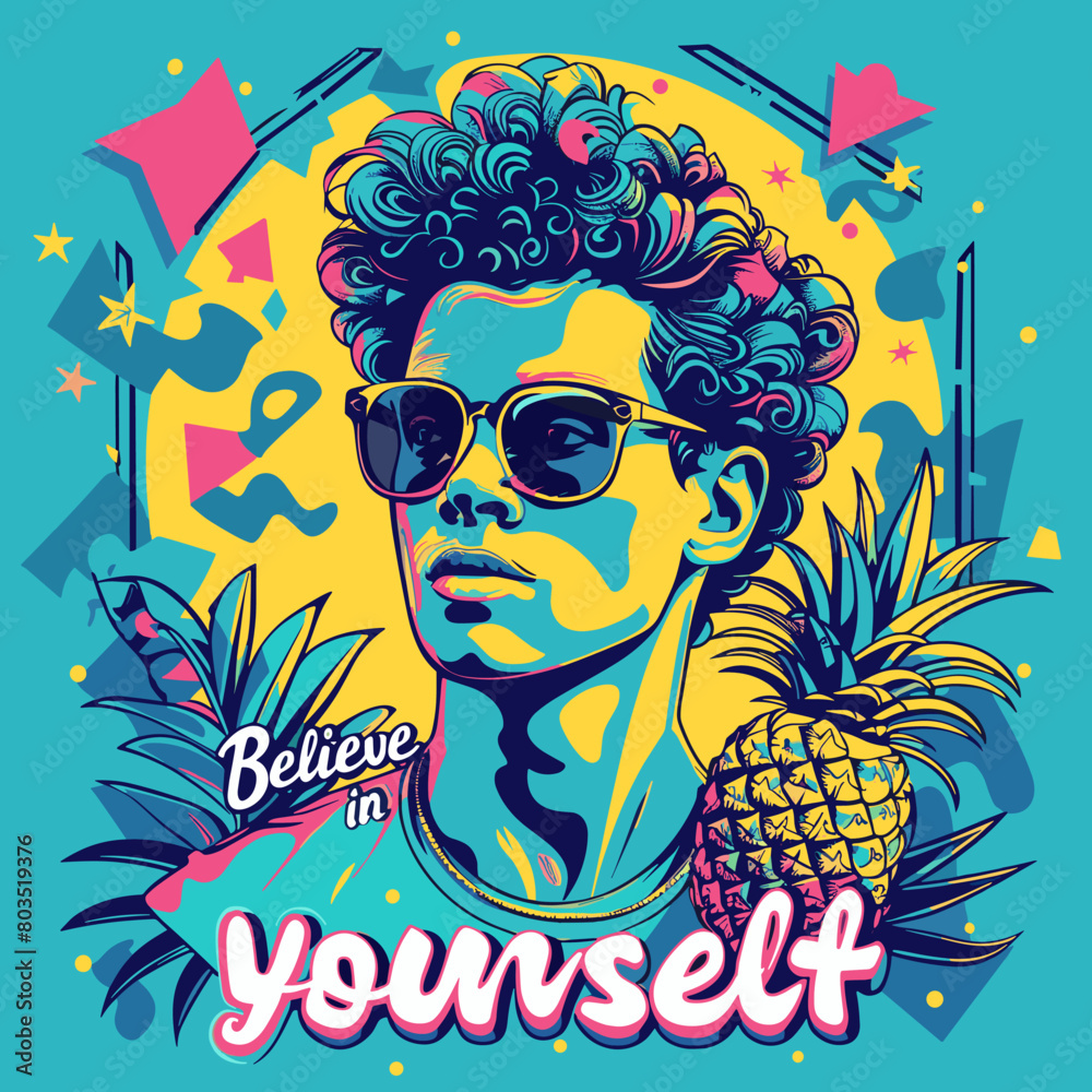 A man with a pineapple and sunglasses on a poster with the words A man with a pineapple and sunglasses on a poster with the words