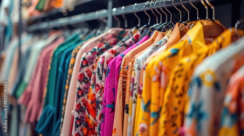 A clothing rack with a variety of brightly colored clothes on hangers.