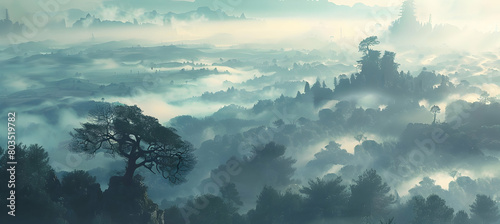 Early morning fog blanketing a valley, with just the tips of ancient, towering trees poking through the mist