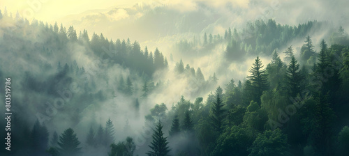 Early morning fog blanketing a valley, with just the tips of ancient, towering trees poking through the mist photo