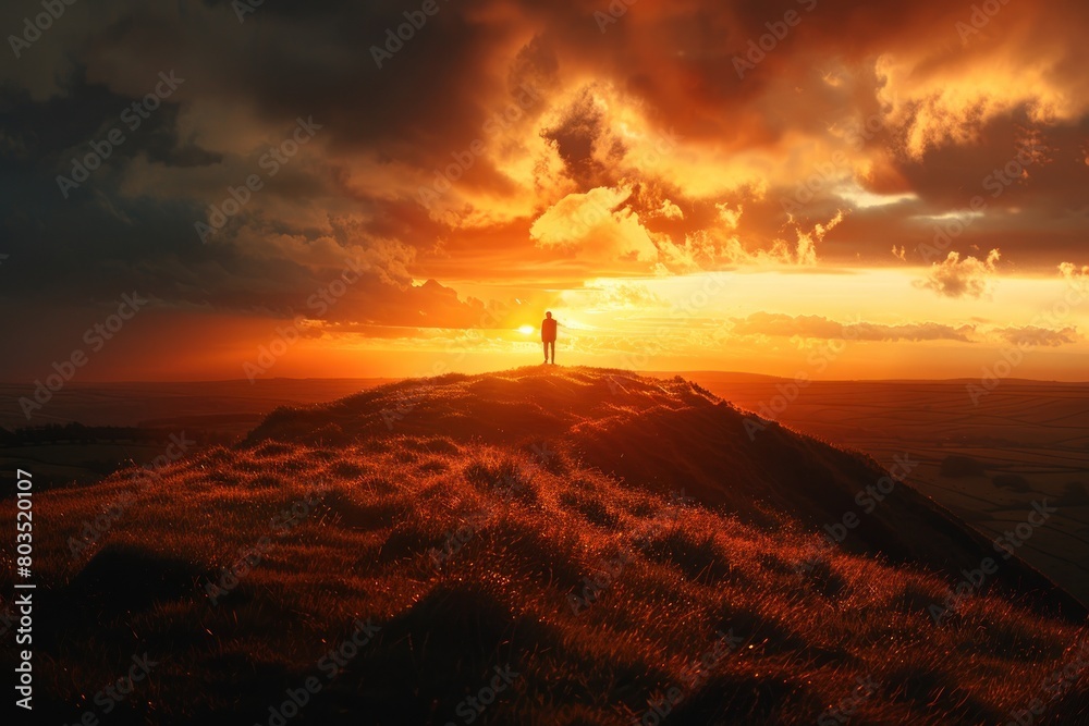 Fototapeta premium A person stands on a hilltop, looking out at the sunset