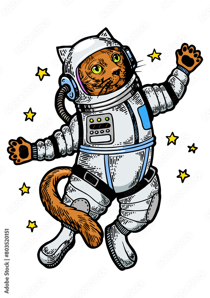 Obraz premium Cat astronaut spaceman in space sketch engraving PNG illustration. Tee shirt apparel print design. Scratch board style imitation. Black and white hand drawn image.
