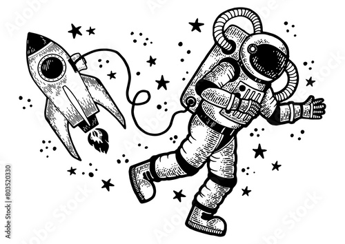 Fotografie Astronaut in spacesuit flies at open space near spaceship rocket sketch engraving PNG illustration