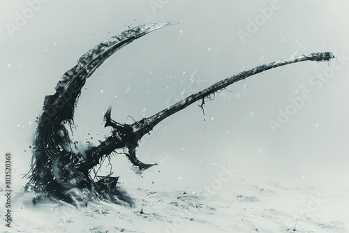 The silent threat of a battle scythe against a backdrop of white, a harbinger of impending battle. photo