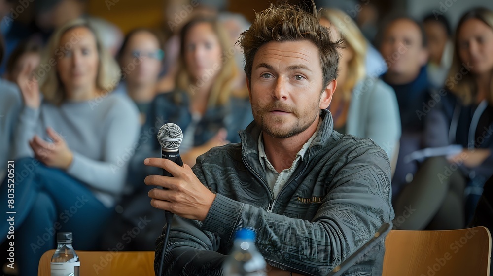 Dynamic Group Dialogue: Man Holding Microphone and Gesturing with Hand Dynamic Group Dialogue: Man Holding Microphone and Gesturing with Hand