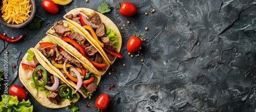 Tortillas with a variety of vegetables and beef on a stone background, suitable for making tacos or burritos. Viewed from the top with space for text.