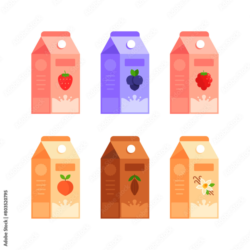 Set of milk cartons with strawberry, blueberry, raspberry, peach, cocoa, and vanilla flavors. Flat icon set isolated on white background. Dairy concept for nutrition and product marketing Set of milk cartons with strawberry, blueberry, raspberry, peach, cocoa, and vanilla flavors. Flat icon set isolated on white background. Dairy concept for nutrition and product marketing
