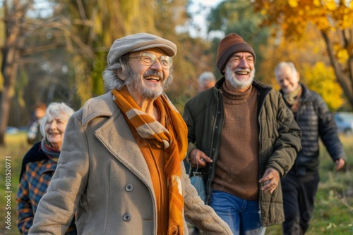 Group of senior friends walking in autumn park. Elderly people walking in autumn park.