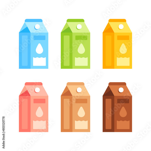 Set of colorful milk cartons representing various flavors and types of milk. Flat icon set isolated on white background. Dairy product diversity concept