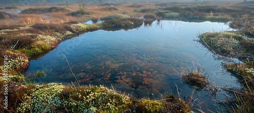 Early morning mist rising from a peat bog, with dew-covered sphagnum moss and scattered small pools reflecting the sky