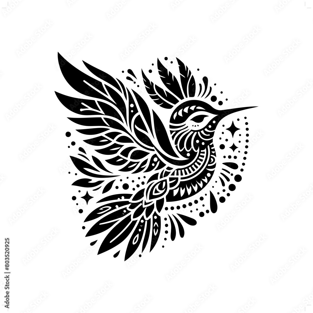 Fototapeta premium Hummingbird silhouette in bohemian, boho, nature illustration