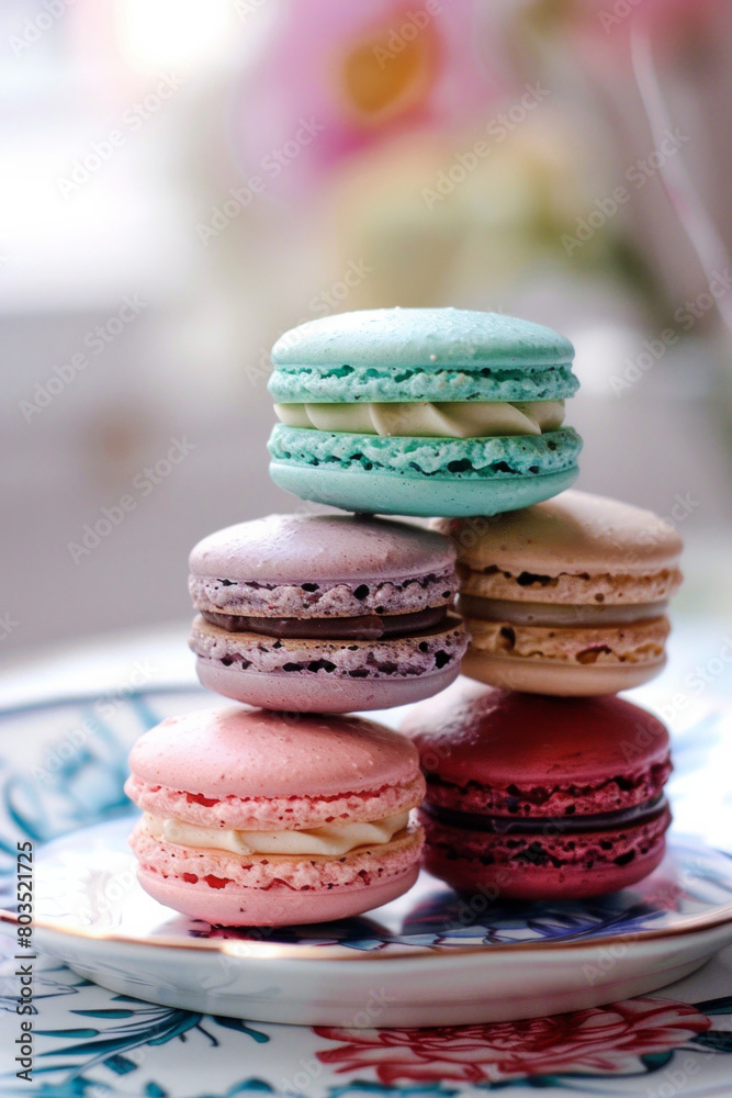 Stack of colorful macarons on a plate Stack of colorful macarons on a plate