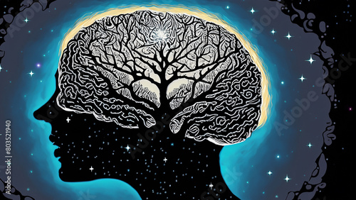 drawing of what looks like a human brain with a single black tree with light shining from its leaves, and a hieroglyphic photograph of a starry cosmic landscape in the dark.