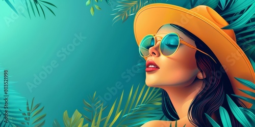 Gorgeous young woman in vibrant summer hat and blue sunglasses surrounded by lush tropical leaves, evoking a holiday mood. Copy space. © BrightWhite