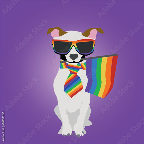 Little dog sitting holding rainbow flag, purple background.