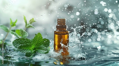 Essential oil bottle with fresh peppermint leaves in splash water