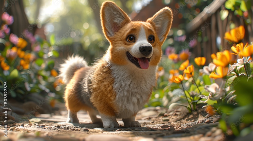 Joyful corgi in blooming garden Joyful corgi in blooming garden