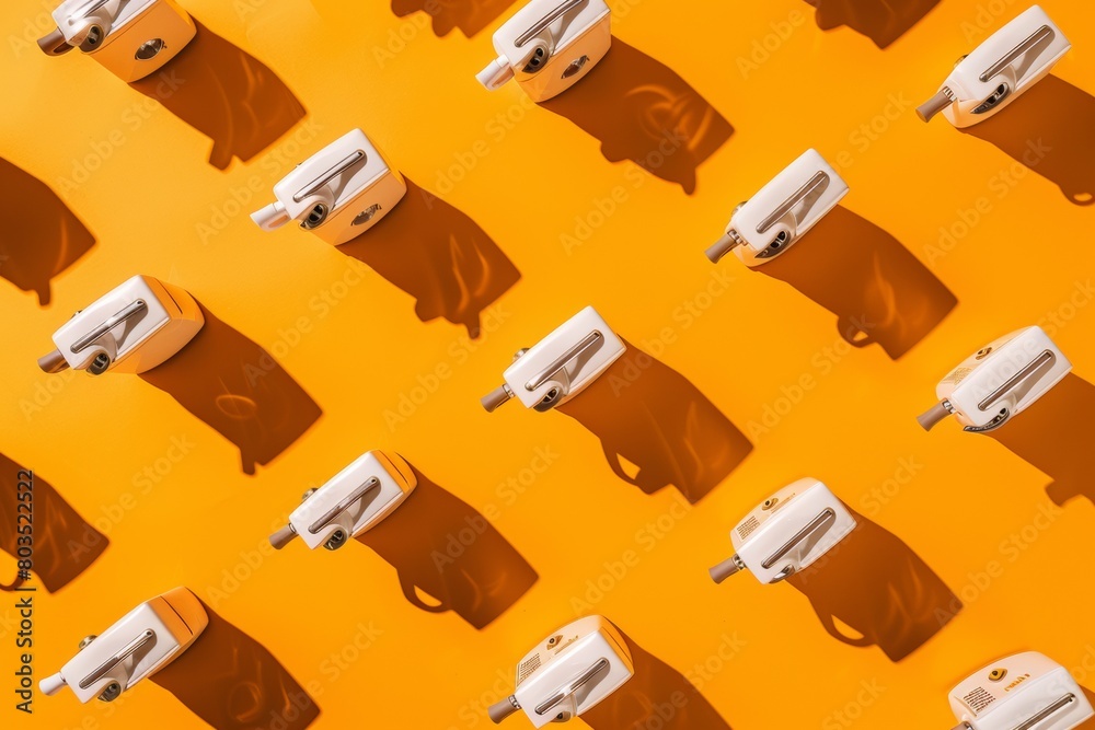 Morning Serenity: Patterned Espresso Machines on a Minimalist Kitchen Background