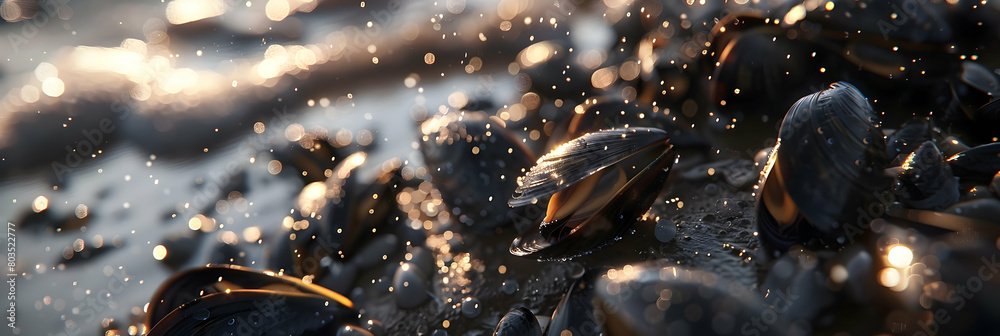 Macro shot of a tide pool focusing on a cluster of mussels and barnacles, with droplets of water sparkling in the sunlight Macro shot of a tide pool focusing on a cluster of mussels and barnacles, with droplets of water sparkling in the sunlight