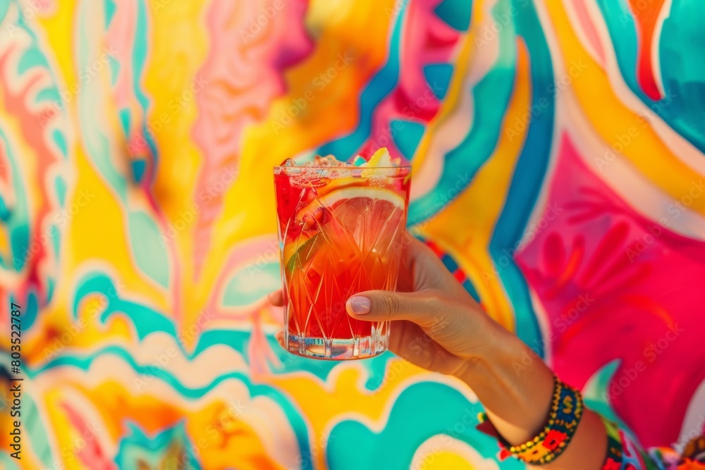 Obraz premium Cheerful Hispanic Young Woman Toasting With Summer Cocktail Against Vibrant Patterned Background
