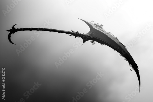 The stark outline of a battle scythe, its purpose clear against the blank canvas of white, a silent guardian of the impending battle. photo
