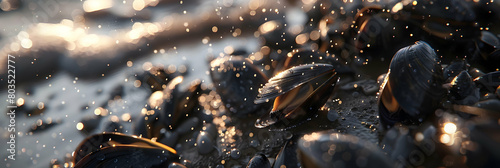 Macro shot of a tide pool focusing on a cluster of mussels and barnacles, with droplets of water sparkling in the sunlight photo