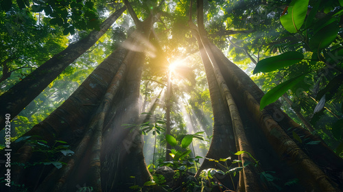 Majestic ancient trees towering over a lush undergrowth in a rainforest, the sunlight filtering through the thick canopy above