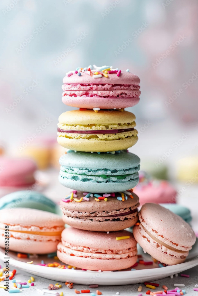 Stack of colorful macarons on a plate Stack of colorful macarons on a plate