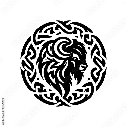 Bison silhouette in animal celtic knot, irish, nordic illustration