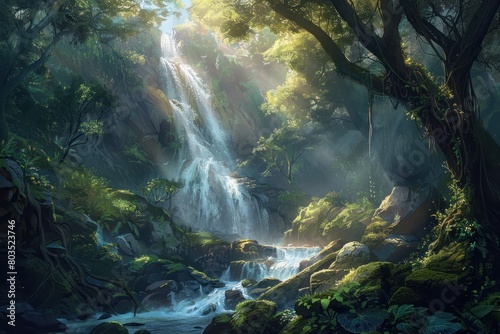 A lush green forest with a waterfall and a stream