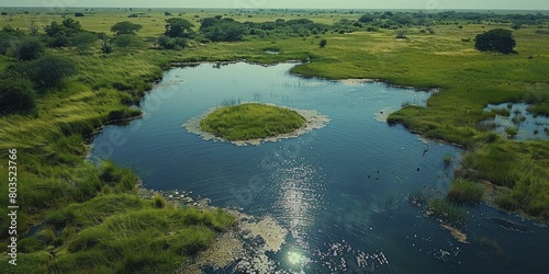 Aerial shot of a serene wildlife reserve with animals in their natural habitat, ideal for conservation projects, wildlife documentaries, and eco-tourism promotions.