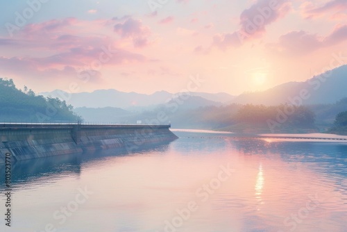 Sunset at Eco-Friendly Dam: Harmonizing Technological Progress with Nature's Tranquility