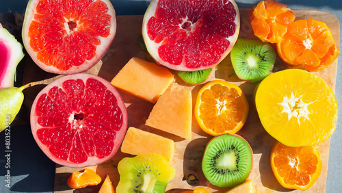 bright and colorful fruits sliced ​​and displayed on a billboard, pictured in dramatic sunlight