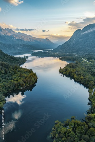 Aerial view of a serene lake surrounded by mountains during sunrise, perfect for wellness retreat ads, landscape photography workshops, and travel diaries.