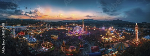 Elevated night view of a lit up festival ground with attractions and crowds, ideal for event lighting companies, festival organizers, and tourism boards.