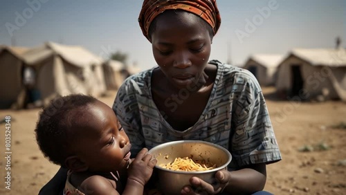 black African mother feeding her young malnourished child in a refugee camp, demonstrating maternal care and resilience amid adversity, captures the importance of humanitarian aid video animation photo