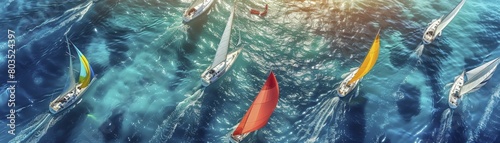 A captivating aerial perspective captures the vibrant regatta scene, ideal for showcasing nautical sports, maritime education, and lifestyle content. photo