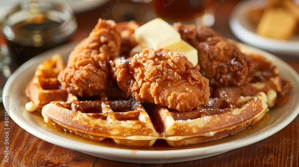 A close-up image showcasing a popular dish consisting of fried chicken pieces served on top of a waffle, completed with a pat of butter on top. A close-up image showcasing a popular dish consisting of fried chicken pieces served on top of a waffle, completed with a pat of butter on top.